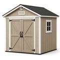 Abri de jardin en plastique beige avec toit en pente et double porte
