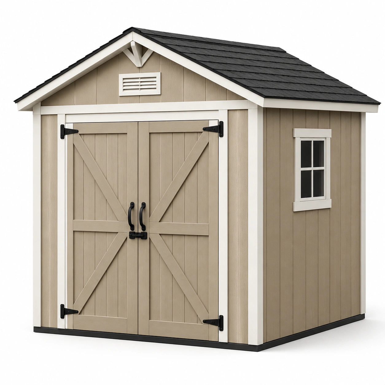 Abri de jardin en plastique beige avec toit en pente et double porte