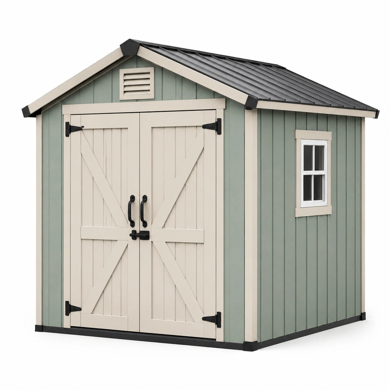 Abri de jardin en résine vert et beige avec toit en pente