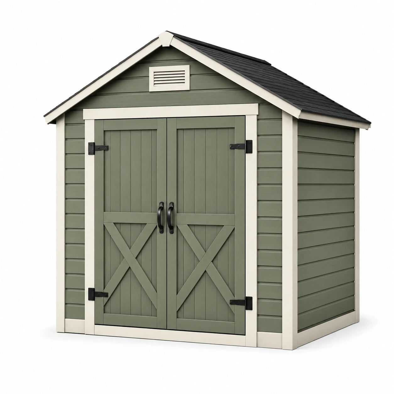 Abri de jardin en résine vert et gris avec double porte