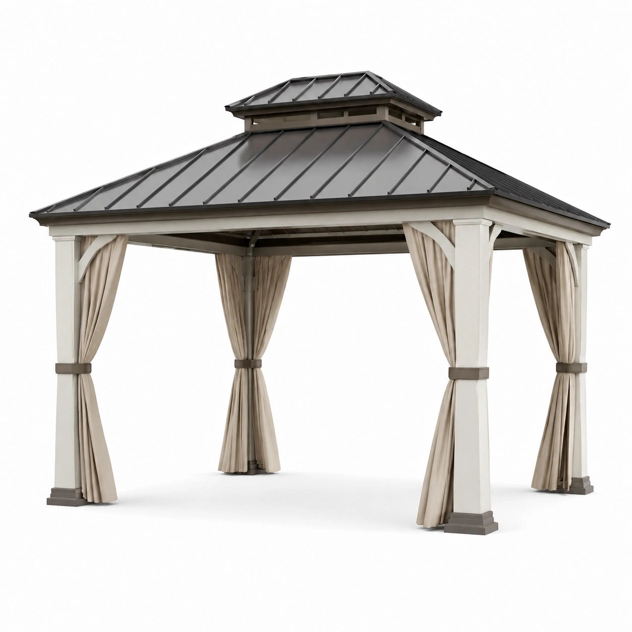 Pavillon en métal avec toit en aluminium et rideaux en polyester beige 400x300 cm