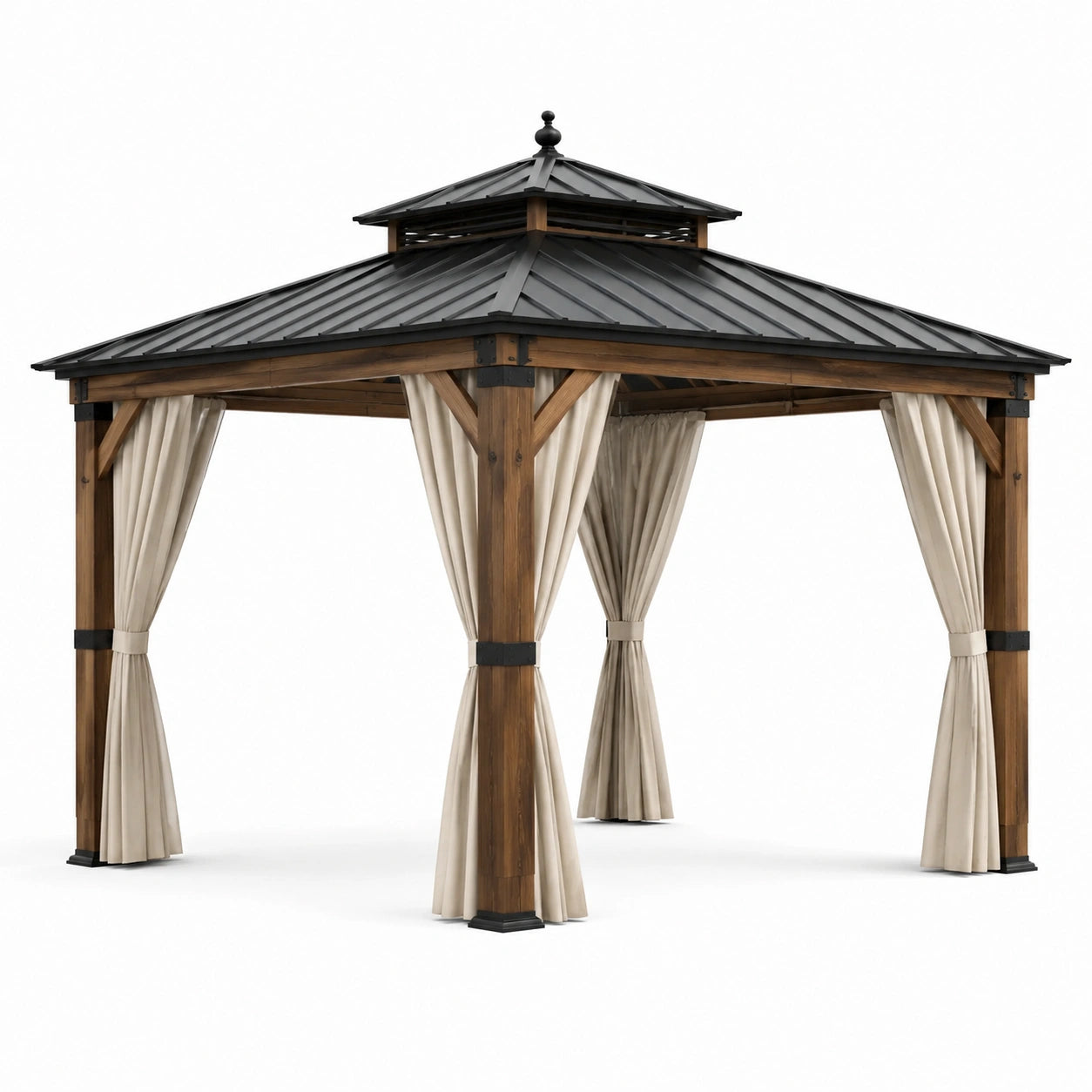Pavillon en bois avec toit en acier et rideaux en polyester brun et beige