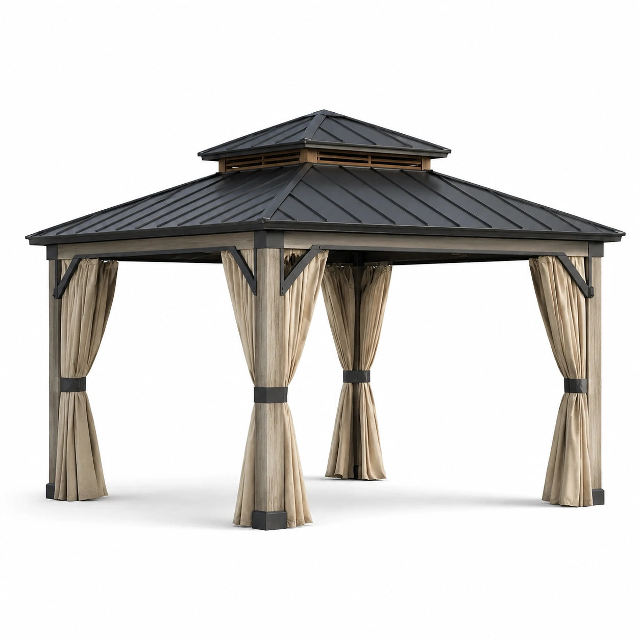 Pavillon de jardin en aluminium avec toit en acier et rideaux polyester 300x400x300 cm