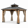 Pavillon de jardin en bois et métal avec toit en acier et rideaux en polyester beige 3x3m