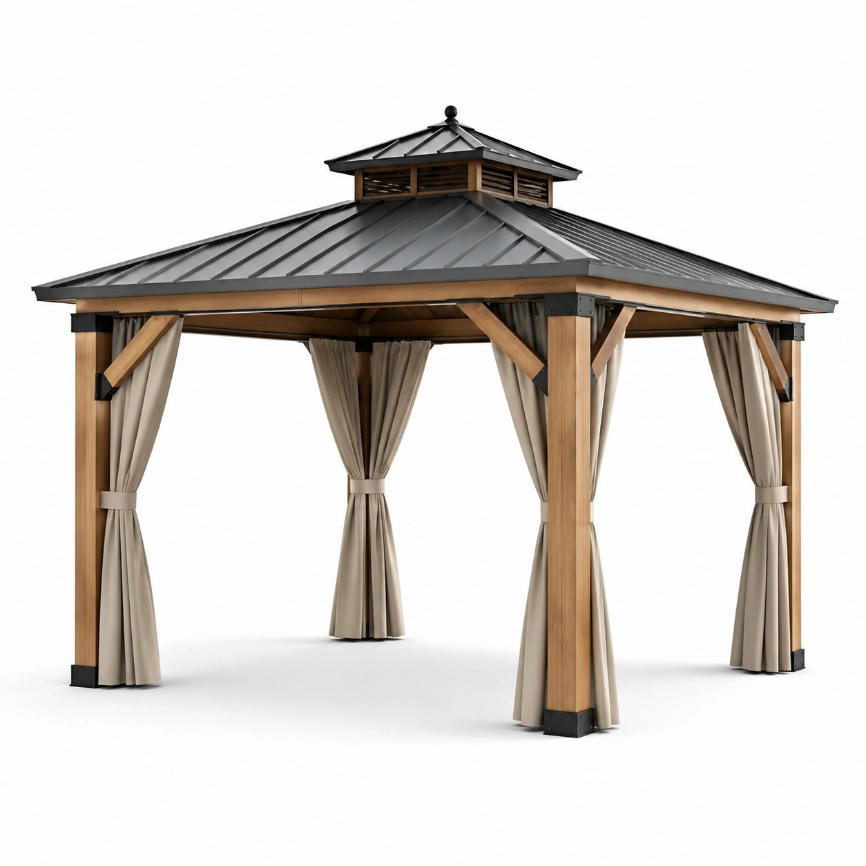 Pavillon de jardin en bois et métal avec toit en acier et rideaux en polyester beige 3x3m