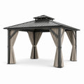 Pavillon de jardin en aluminium avec toit en acier et rideaux en polyester gris foncé/beige 3x3 m