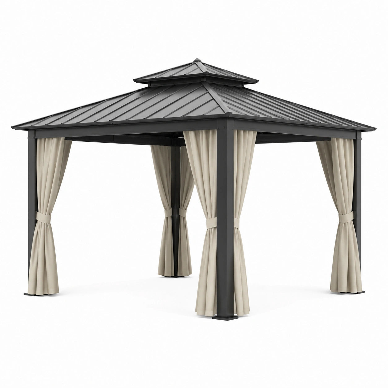Pavillon en aluminium avec toit en métal et rideaux beiges 3x3 m
