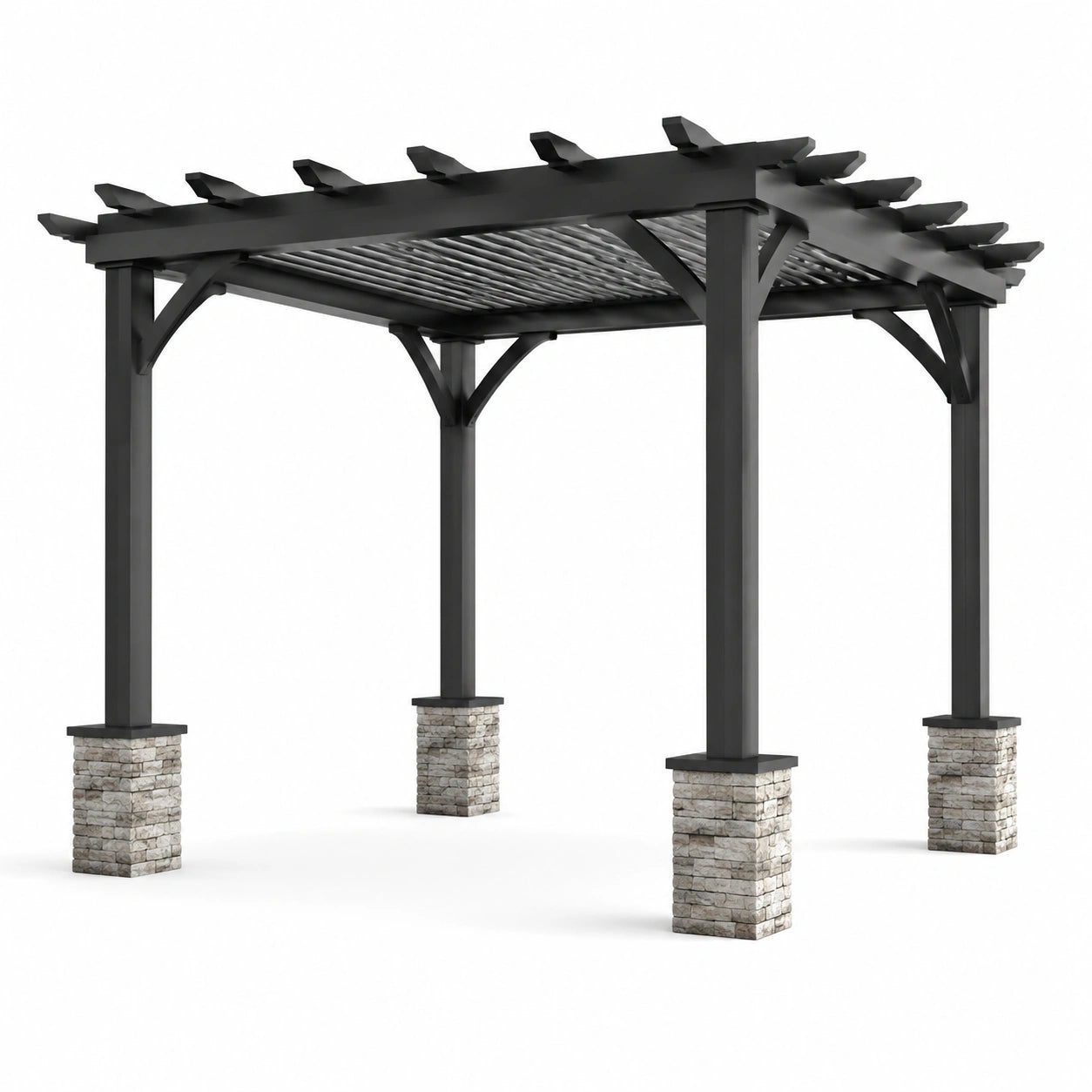 Pergola en aluminium noir avec piliers en pierre