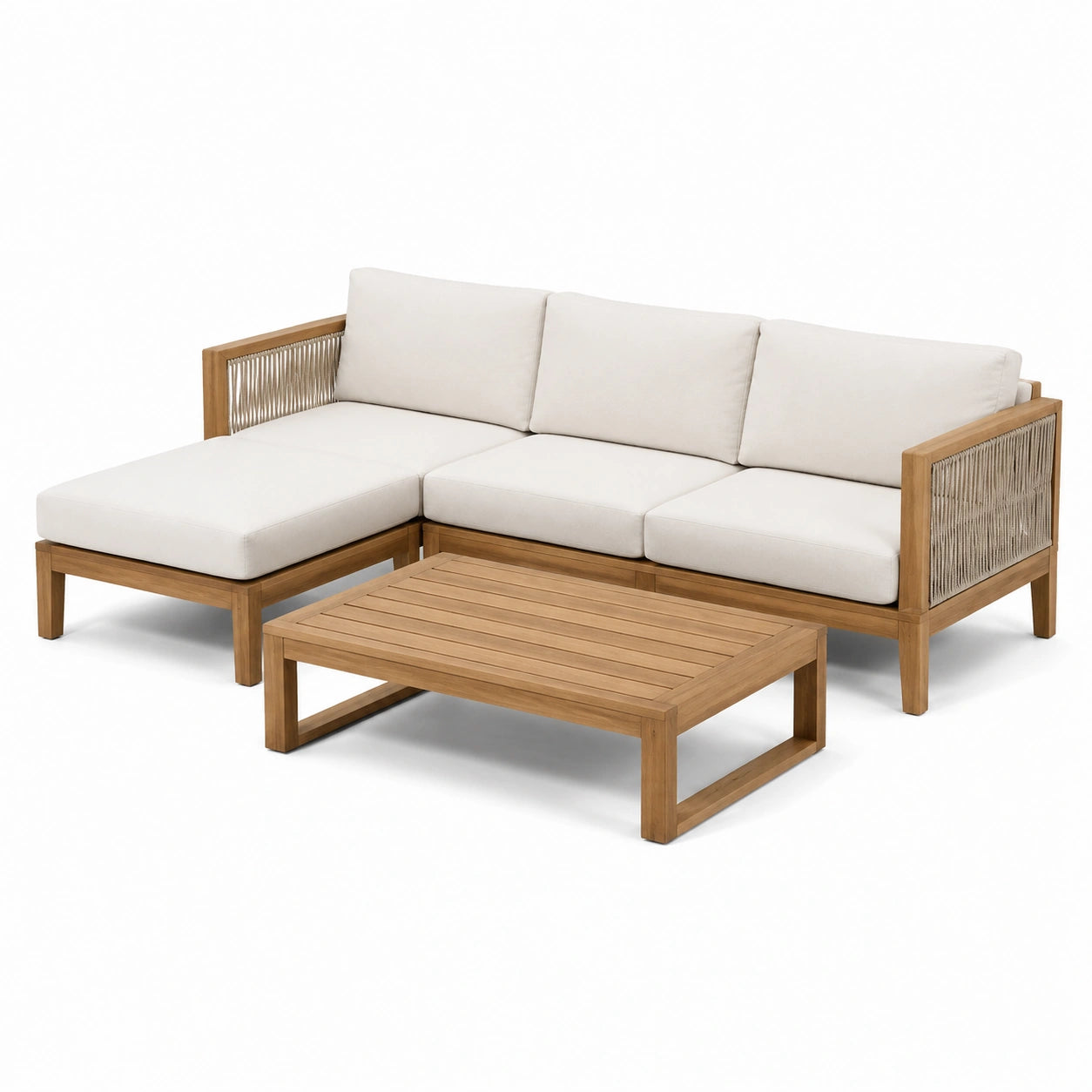 Ensemble de salon extérieur en bois d'acacia avec coussins beige