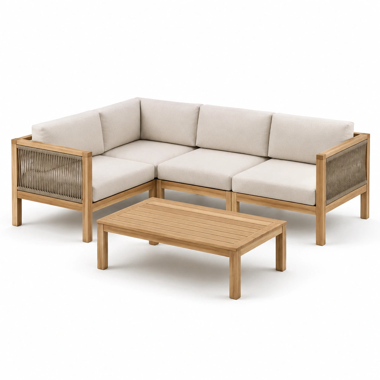 Salon de jardin en bois de teck et corde avec coussins en tissu beige