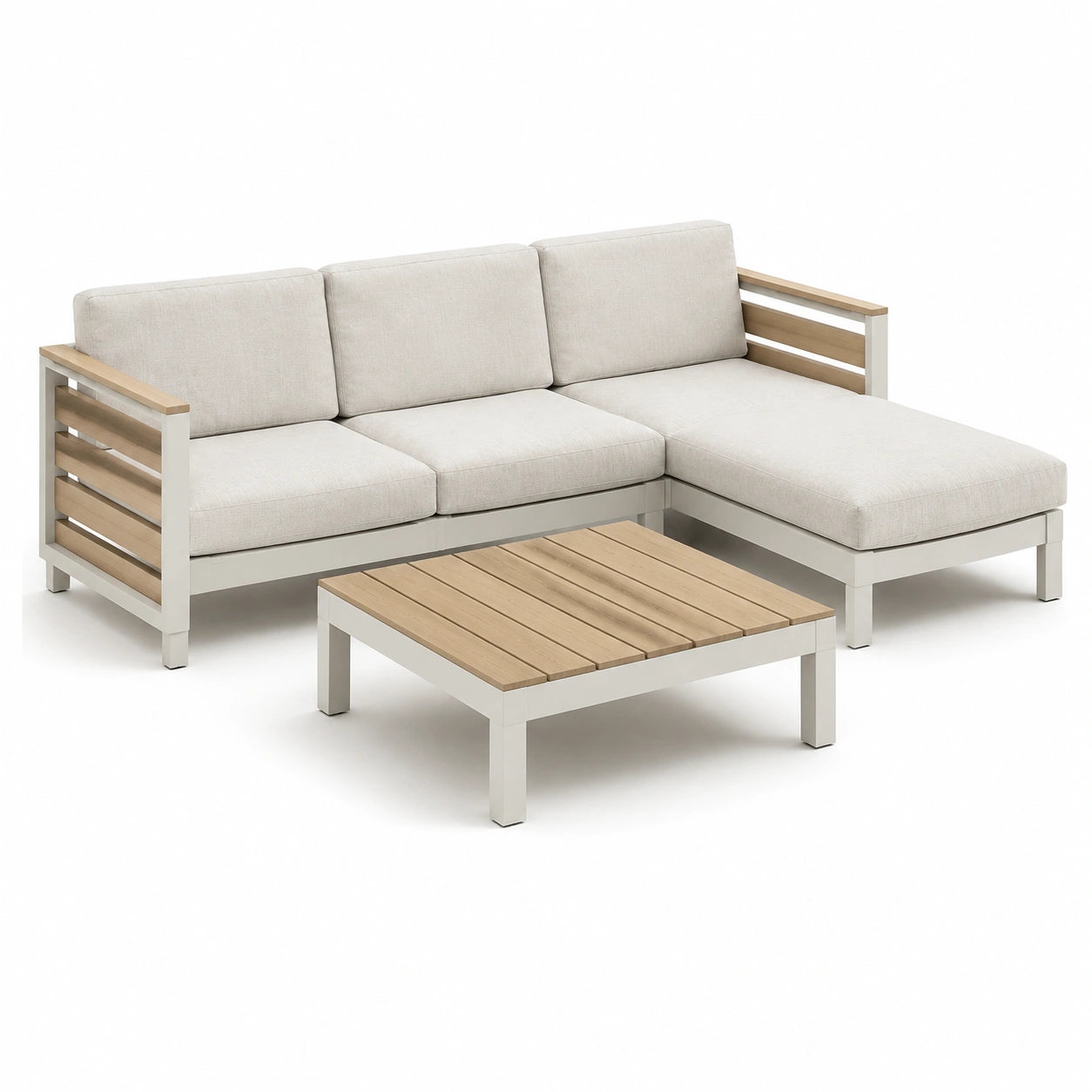 Salon de jardin en aluminium et teck avec coussins en polyester