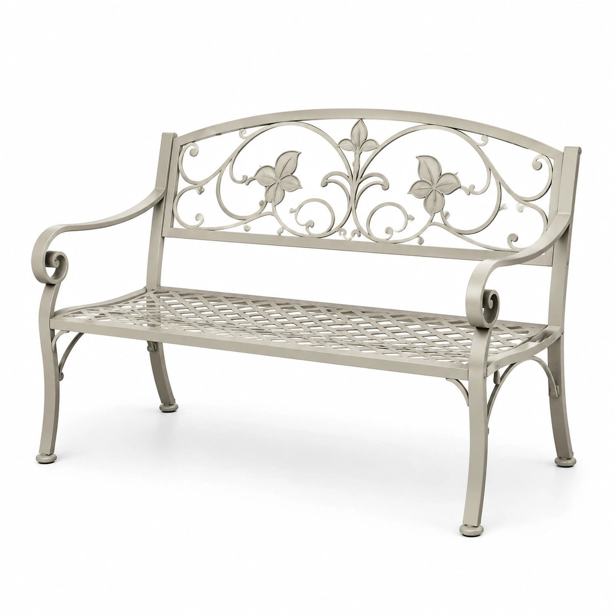 Banc de jardin en métal beige avec motifs floraux
