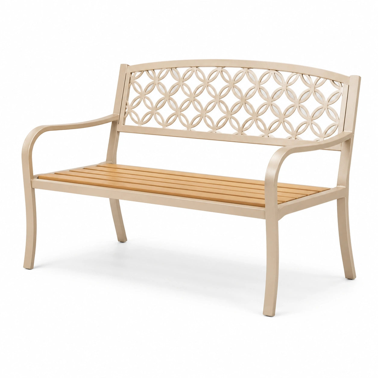 Banc de jardin en métal et bois de teck beige 120 cm