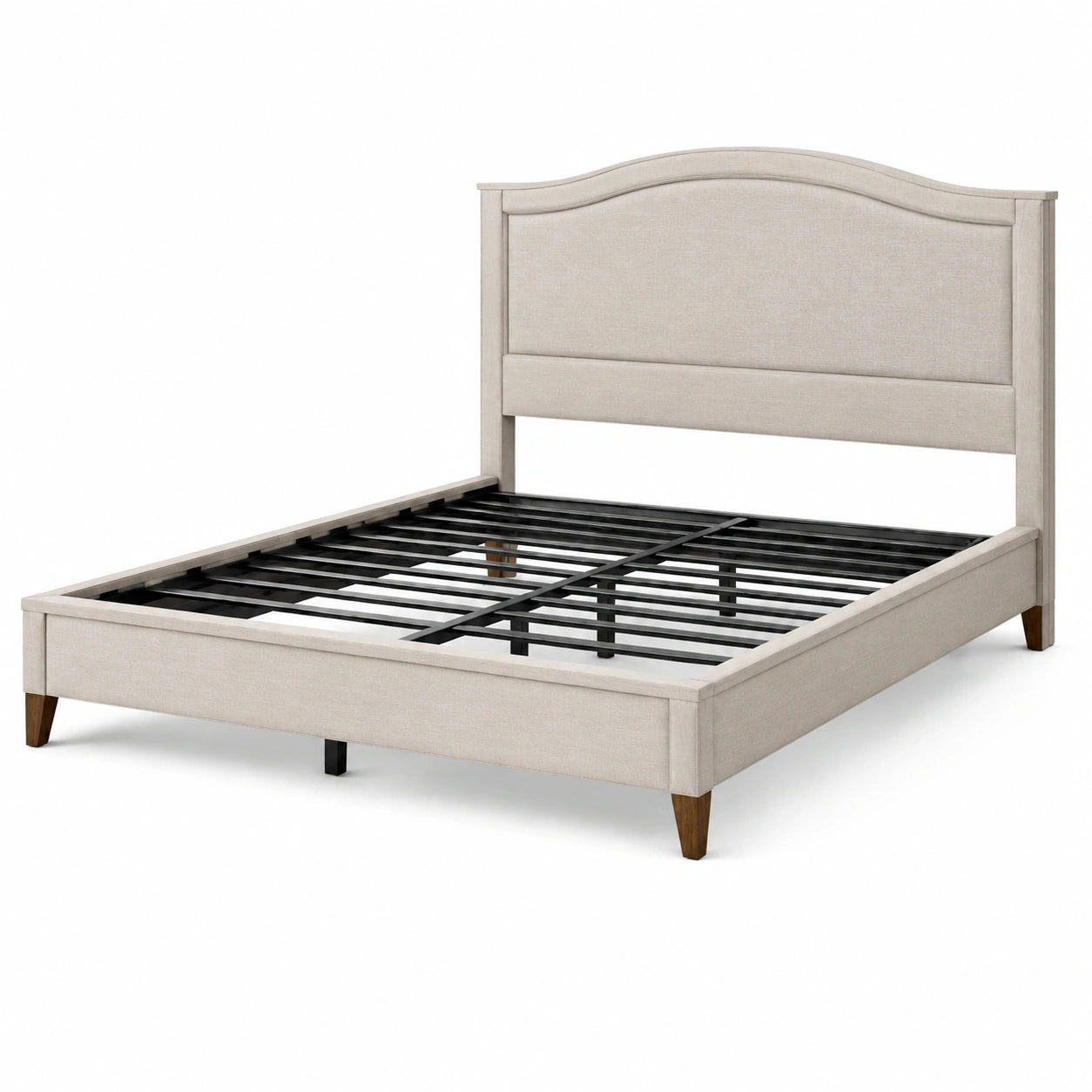 Lit en tissu polyester beige avec tête de lit courbée et cadre en métal