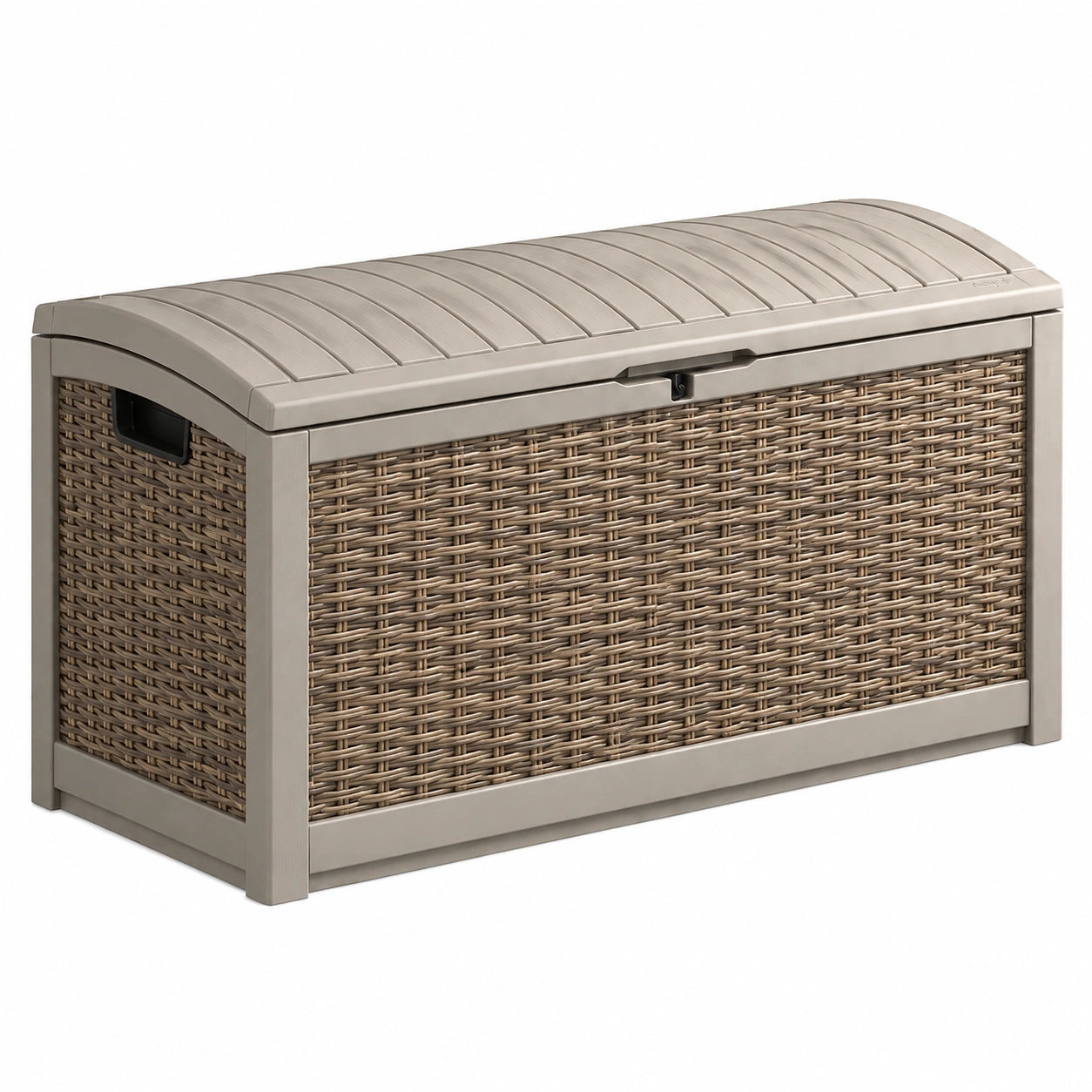 Coffre de rangement extérieur en résine tressée beige et marron
