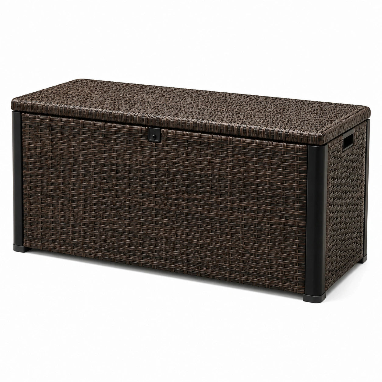 Coffre de rangement en rotin synthétique marron avec structure en acier