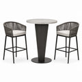 Ensemble table haute en métal avec tabourets en corde gris et coussins