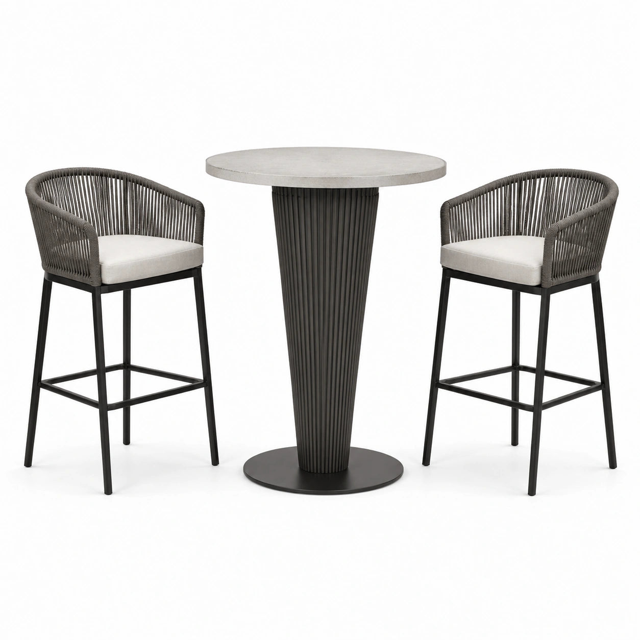 Ensemble table haute en métal avec tabourets en corde gris et coussins
