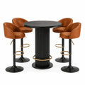 Ensemble table haute en métal noir et 4 tabourets en cuir synthétique marron, diamètre 80 cm