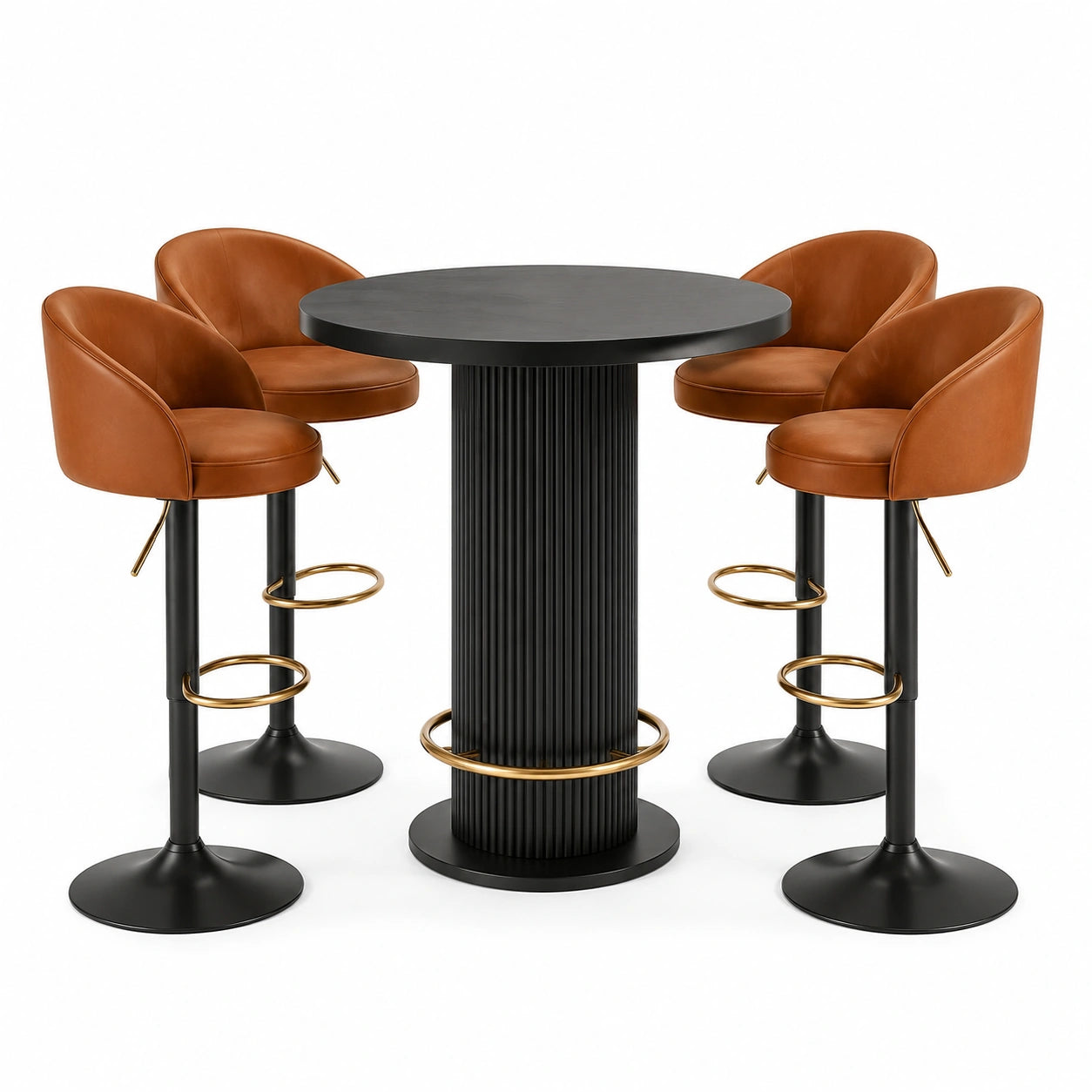 Ensemble table haute en métal noir et 4 tabourets en cuir synthétique marron, diamètre 80 cm