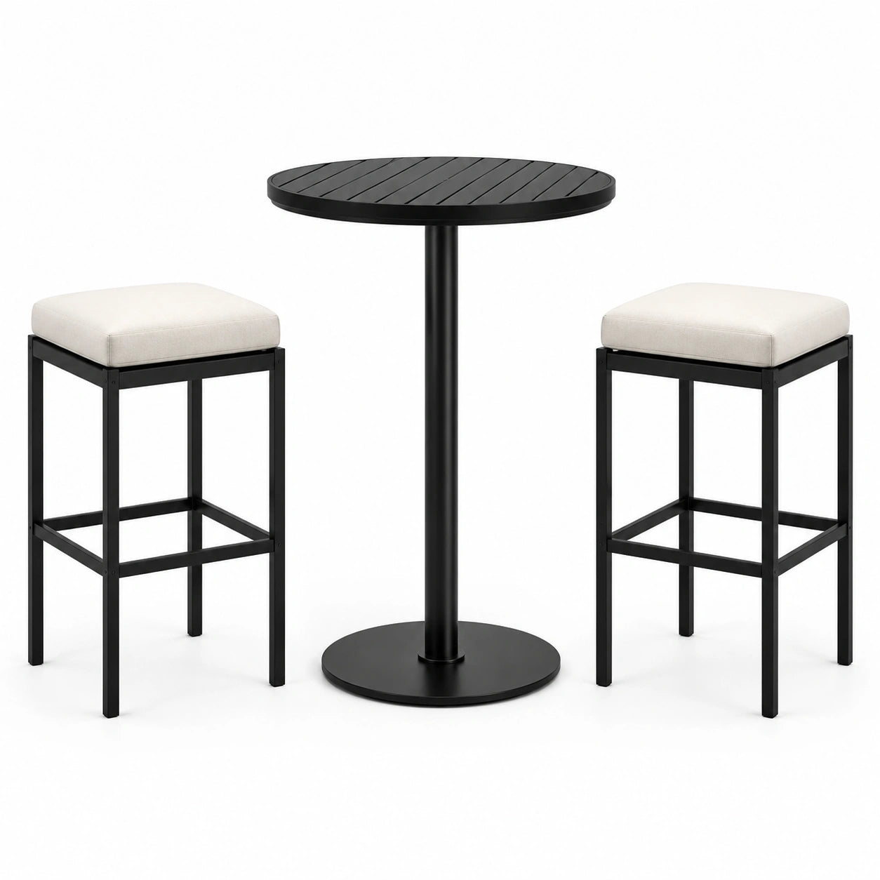 Ensemble table haute ronde en métal noir avec tabourets en polyester blanc