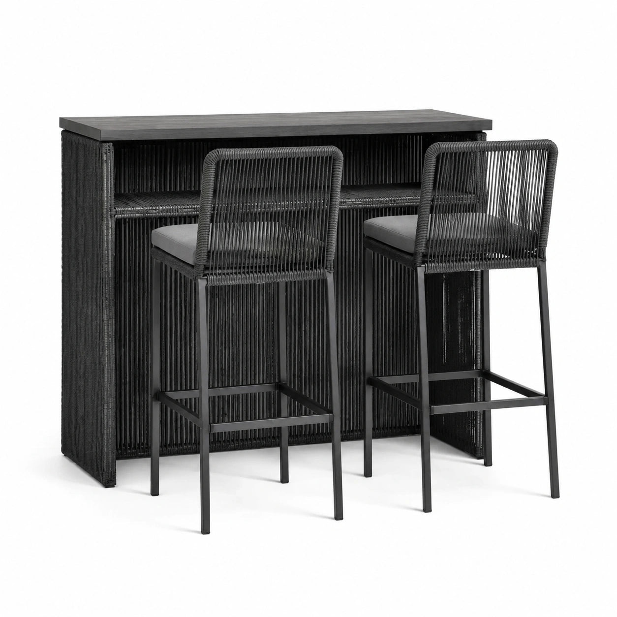 Ensemble de bar en métal et osier noir avec deux tabourets