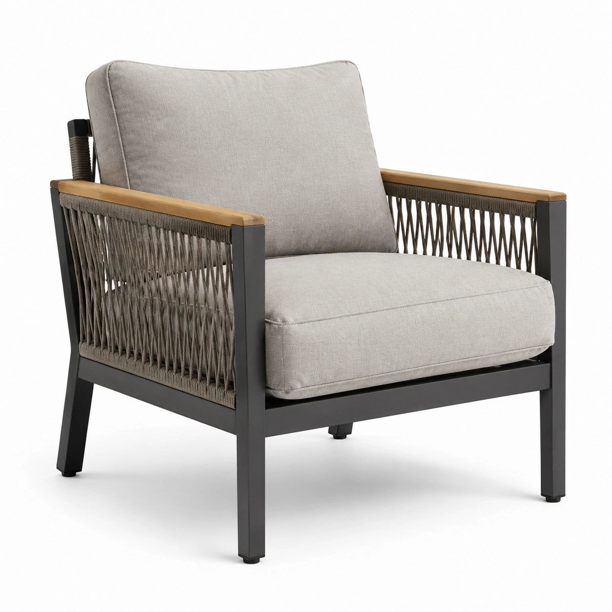 Fauteuil de jardin métal et teck avec coussins polyester gris clair