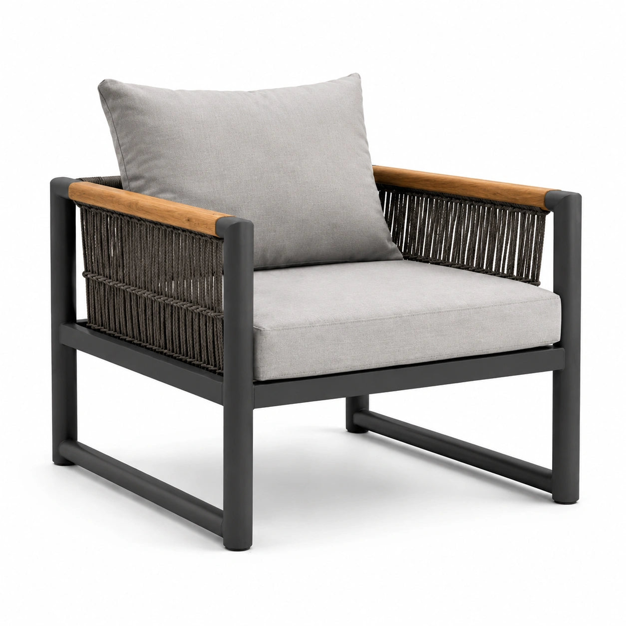 Fauteuil en aluminium avec accoudoirs en bois et cordes en polyester gris