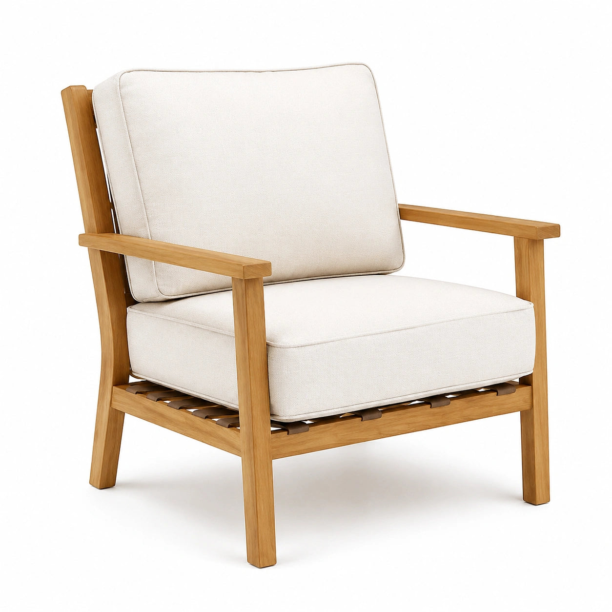 Fauteuil en bois avec coussins en lin et mousse beige