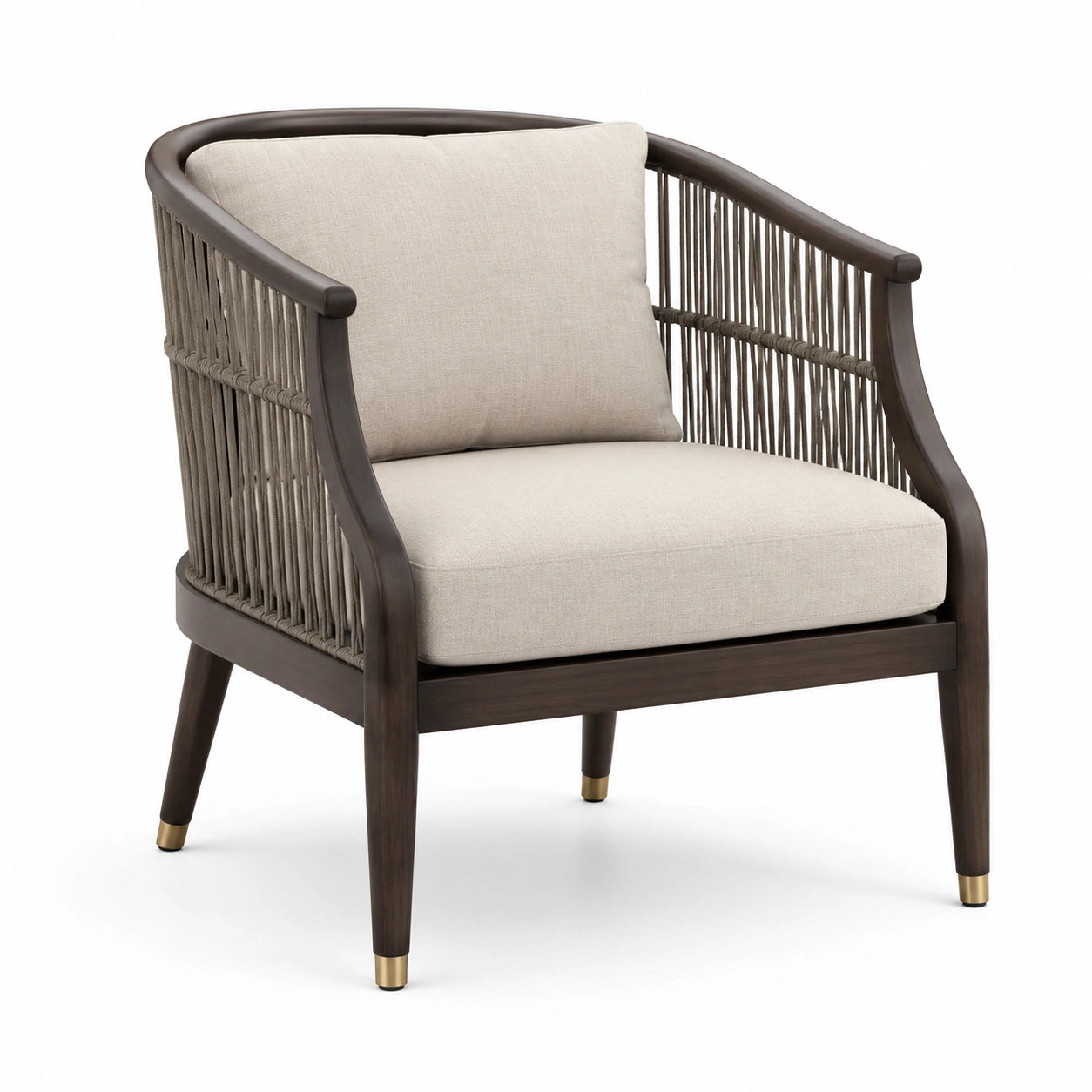 Fauteuil en bois avec cordage et tissu beige