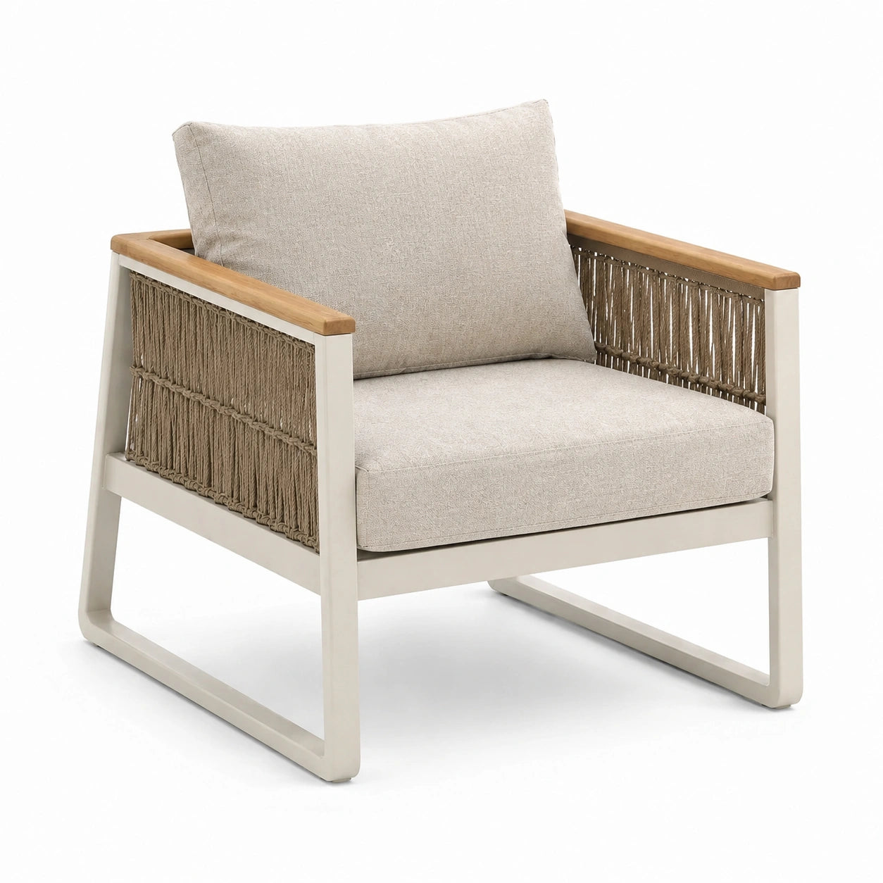 Fauteuil en aluminium et bois avec coussins en tissu beige