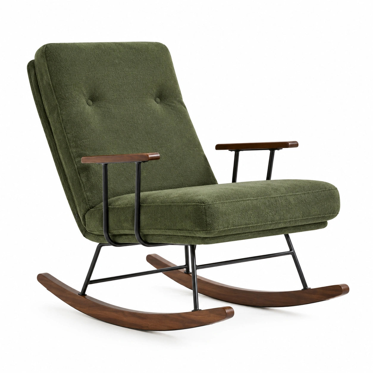 Fauteuil à bascule en tissu vert avec accoudoirs en bois et base en métal