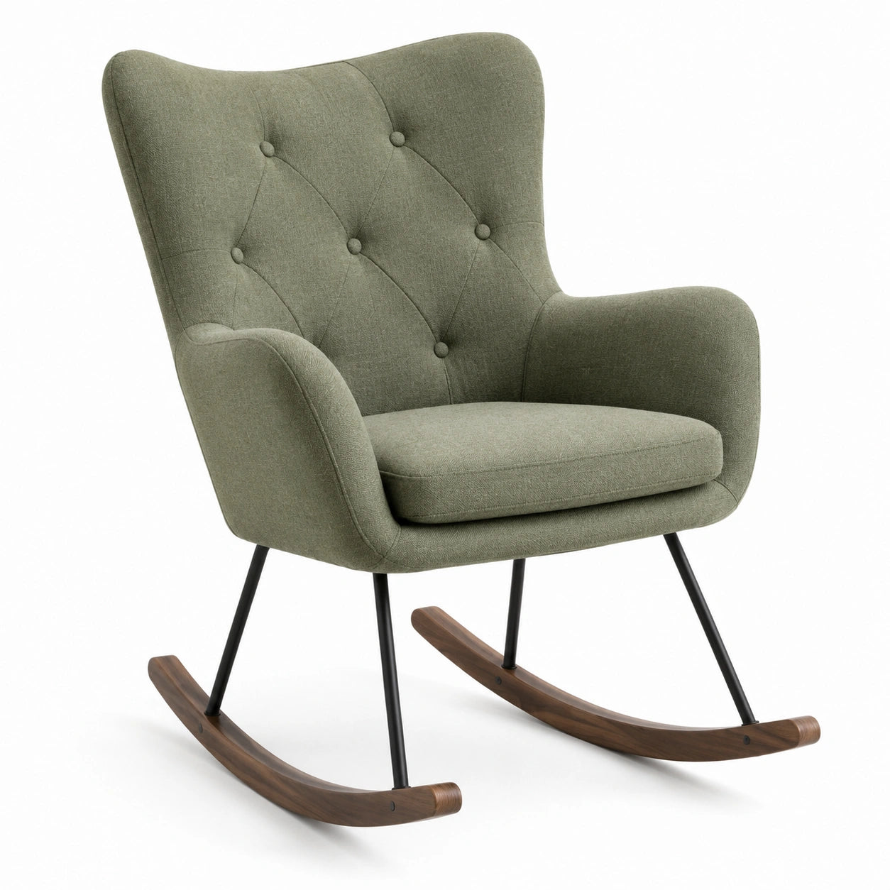 Fauteuil à bascule vert en tissu avec pieds en métal et noyer