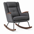 Fauteuil à bascule en tissu gris, accoudoirs en bois, base en métal