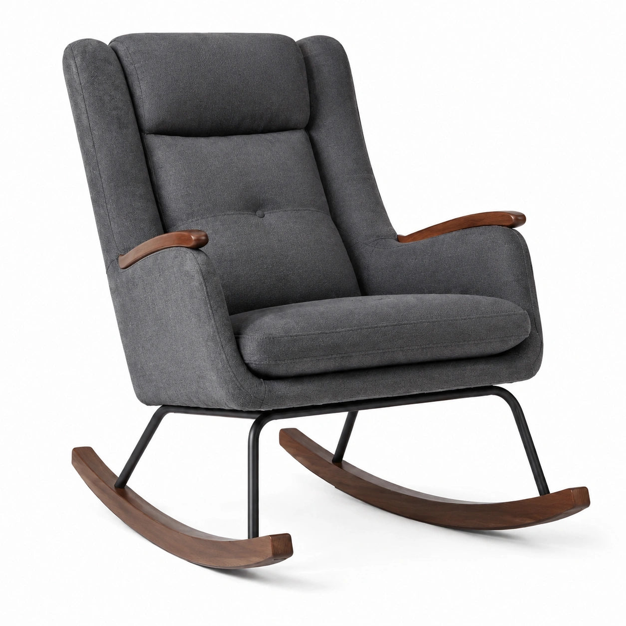 Fauteuil à bascule en tissu gris, accoudoirs en bois, base en métal