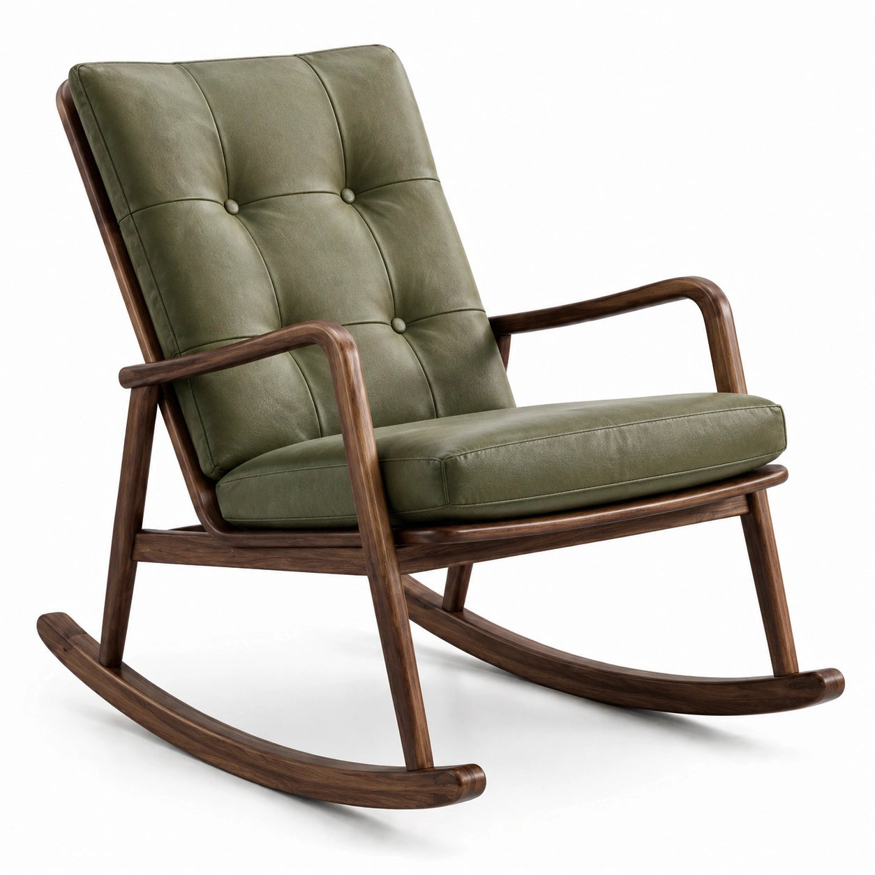 Fauteuil à bascule en bois et cuir vert